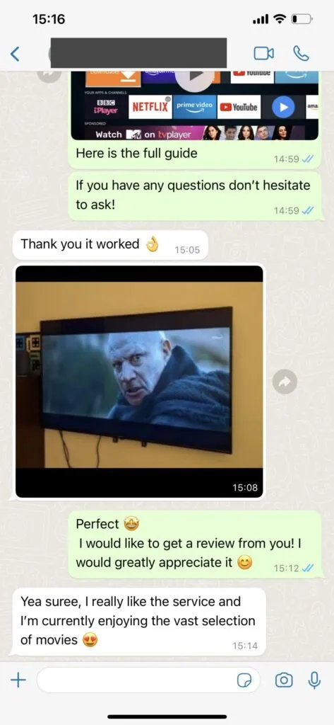 Voorbeeld van IPTV ondersteuning via WhatsApp 1